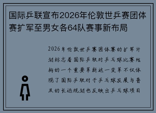 国际乒联宣布2026年伦敦世乒赛团体赛扩军至男女各64队赛事新布局