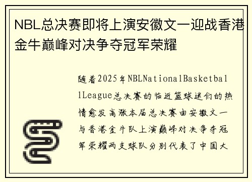 NBL总决赛即将上演安徽文一迎战香港金牛巅峰对决争夺冠军荣耀